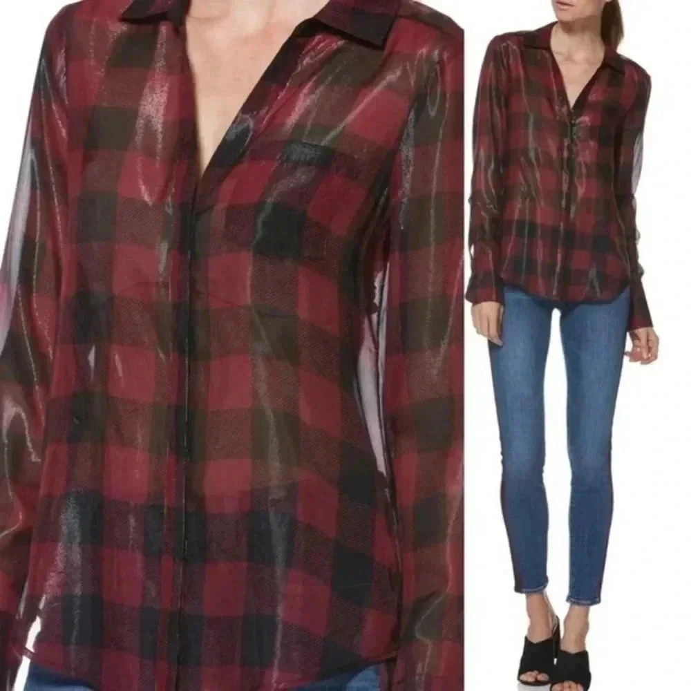 Paige Black & Red Plaid Check Silk Metallic Blouse Top Women’s Size XS